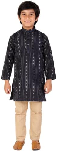 Boys Indian Kurta Set with Mandarin Collar and Thread Line Pattern