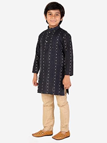 Boys Indian Kurta Set with Mandarin Collar and Thread Line Pattern