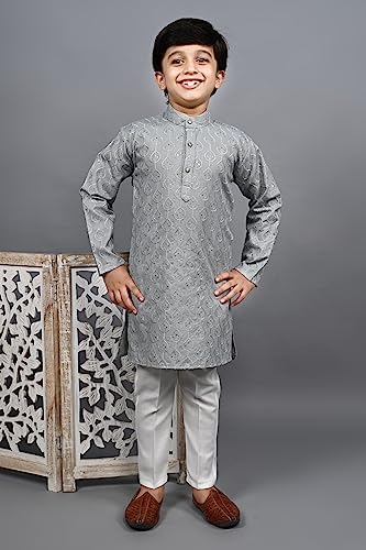 AHHAAAA Kids Ethnic Sequential Print Embroidery Kurta Pajama Set for Boys