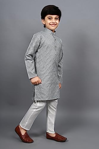 AHHAAAA Kids Ethnic Sequential Print Embroidery Kurta Pajama Set for Boys