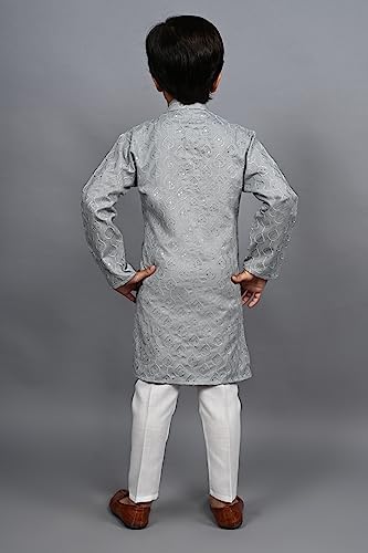 AHHAAAA Kids Ethnic Sequential Print Embroidery Kurta Pajama Set for Boys