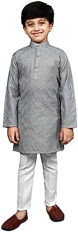 AHHAAAA Kids Ethnic Sequential Print Embroidery Kurta Pajama Set for Boys