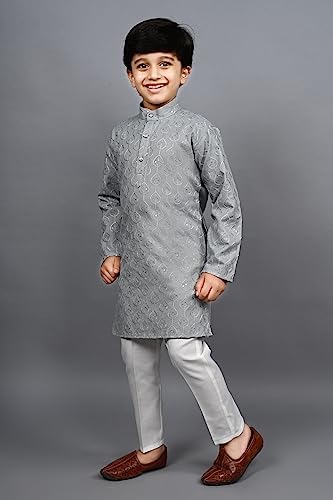AHHAAAA Kids Ethnic Sequential Print Embroidery Kurta Pajama Set for Boys