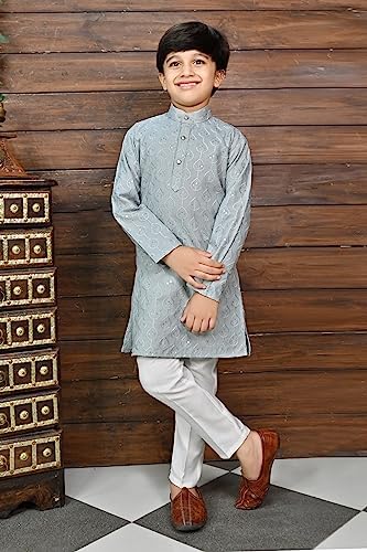 AHHAAAA Kids Ethnic Sequential Print Embroidery Kurta Pajama Set for Boys