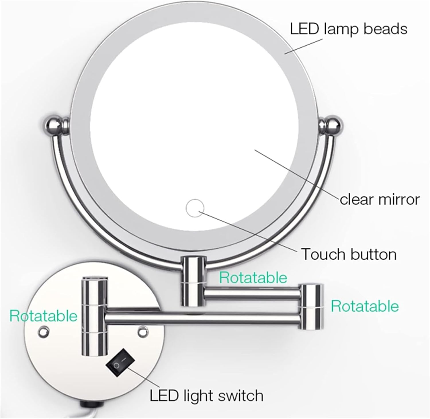 Wall-Mounted Light-Up Makeup Mirror with 360 Swivel and Touch Control