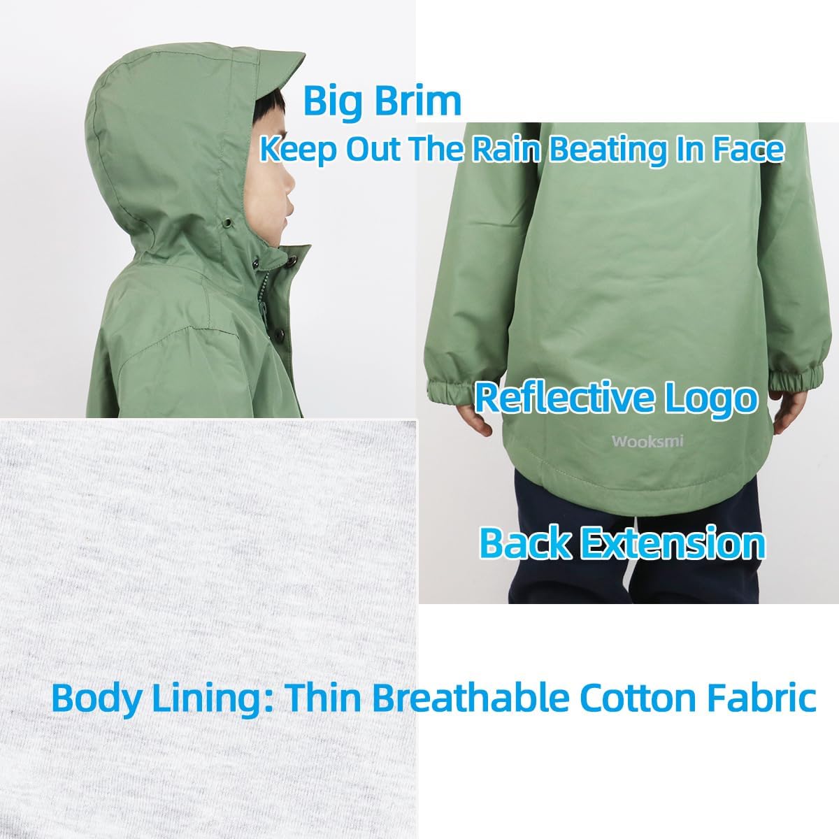 Wooksmi Kids Waterproof Rain Jacket Boys Girls 5000mm polyester Unisex Design Reflective Details