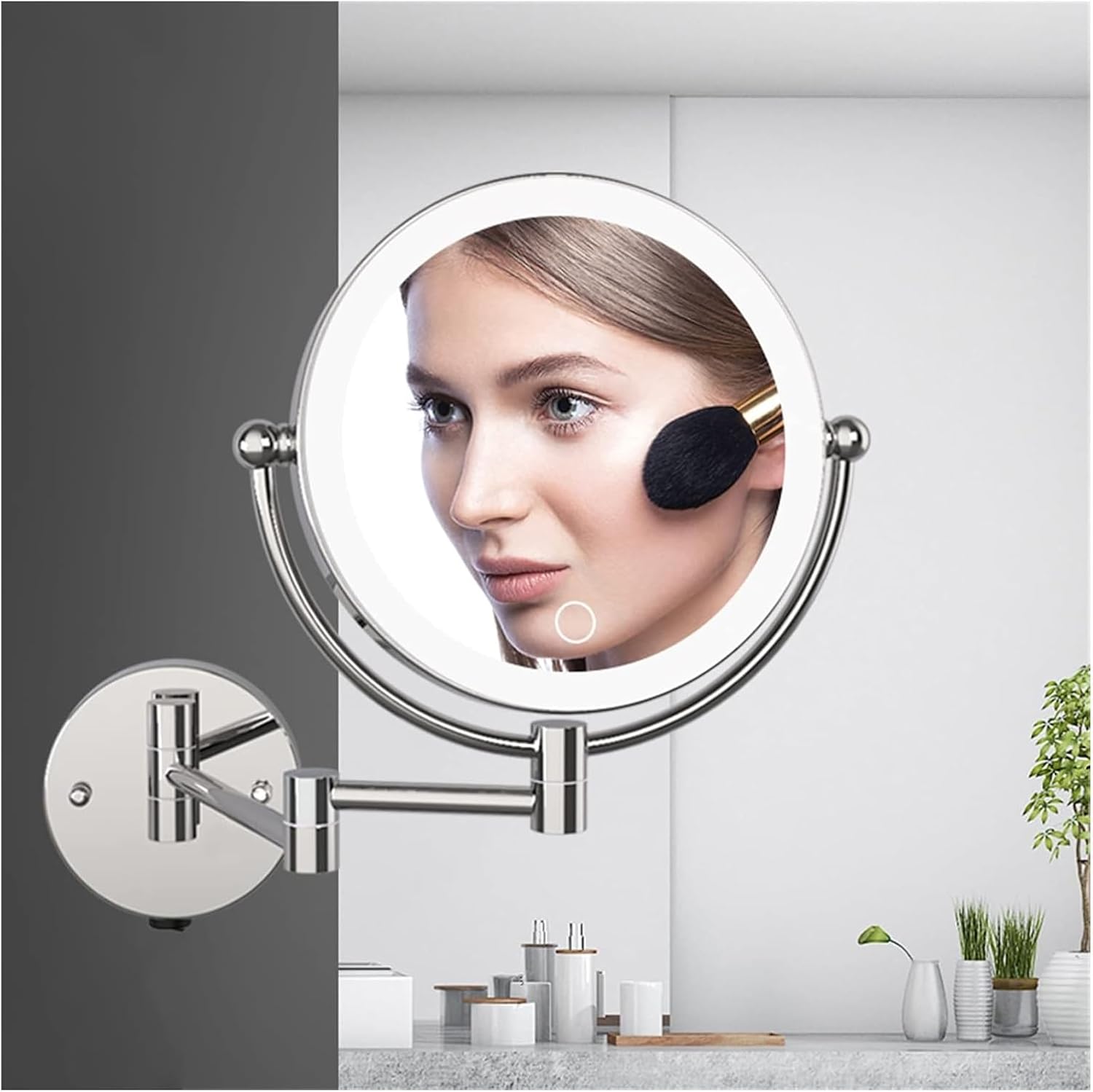 Wall-Mounted Lighted Makeup Mirror with Touch Sensor and Extendable Arm