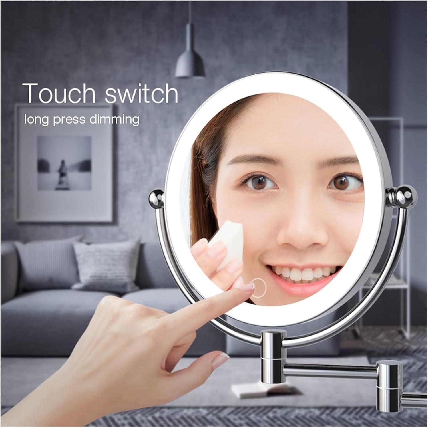 Wall-Mounted Lighted Makeup Mirror with Touch Sensor and Extendable Arm