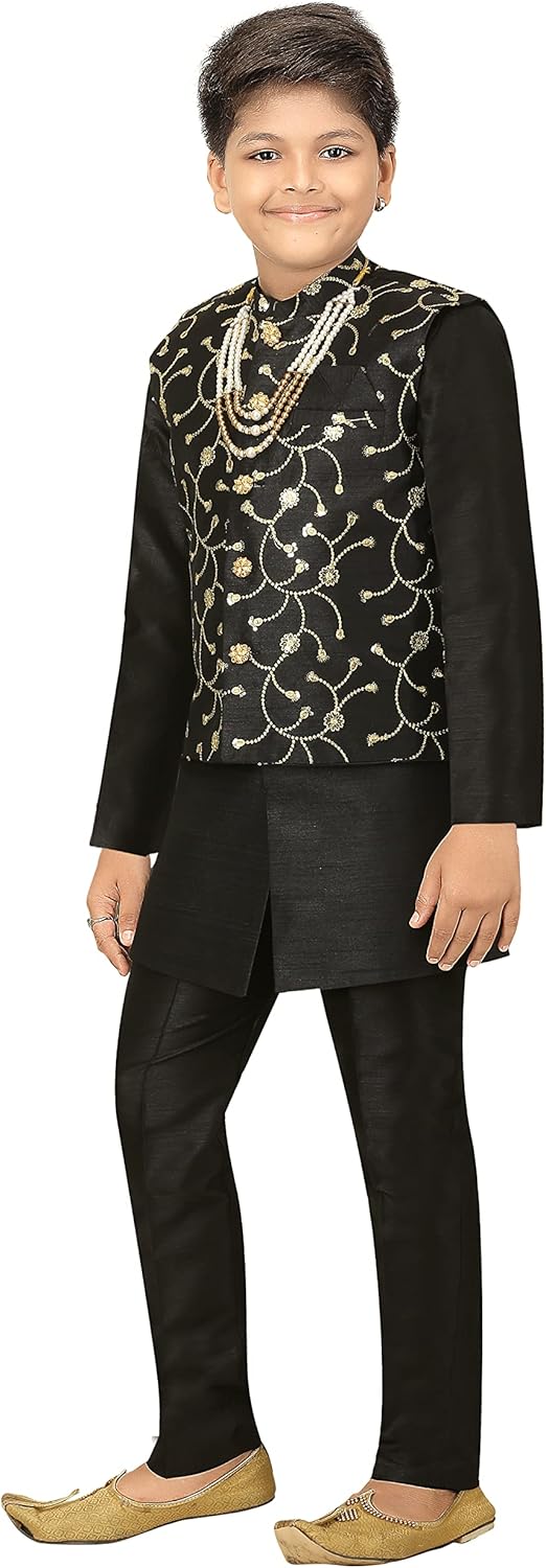 AHHAAAA Kids Ethnic Banarasi Silk Kurta and Pajama Set for Boys
