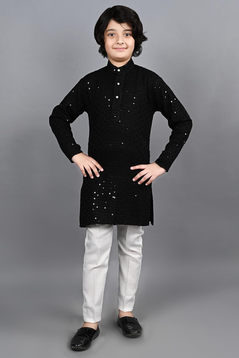 AHHAAAA Kids Indian Ethnic Full Sequin Embroidery Stitching Kurta Pajama Set
