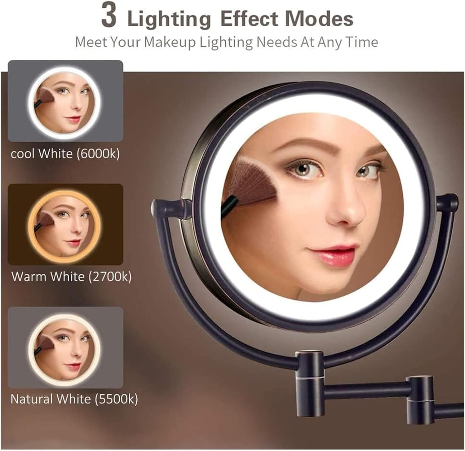 Wall-Mounted Lighted Makeup Mirror with Touch Sensor and Extendable Arm