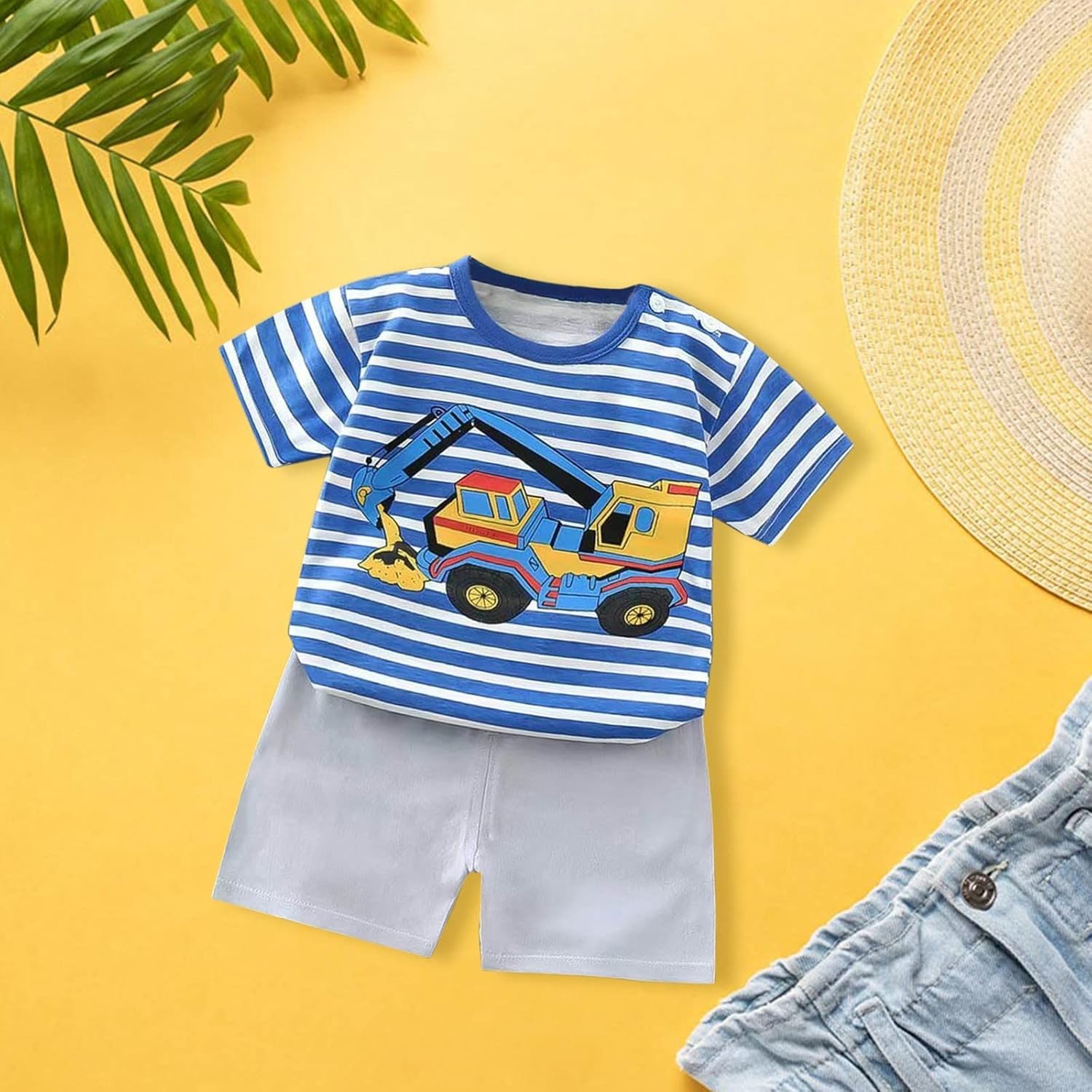 Striped Cartoon Car Boy T-Shirt Shorts Outfit 2025