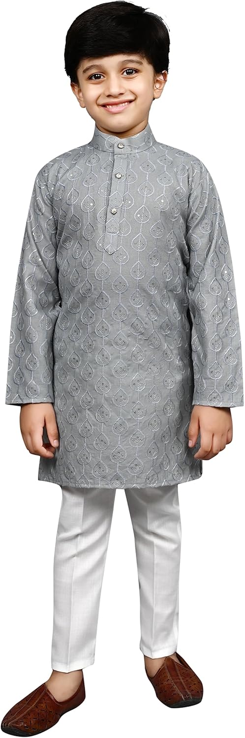 AHHAAAA Kids Ethnic Sequential Print Embroidery Kurta Pajama Set for Boys