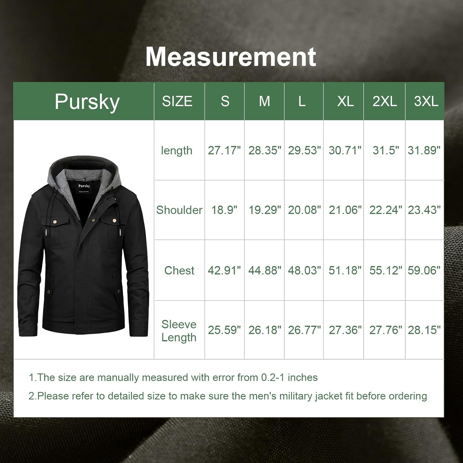 Pursky Mens Military Jacket Fall Weather Ready