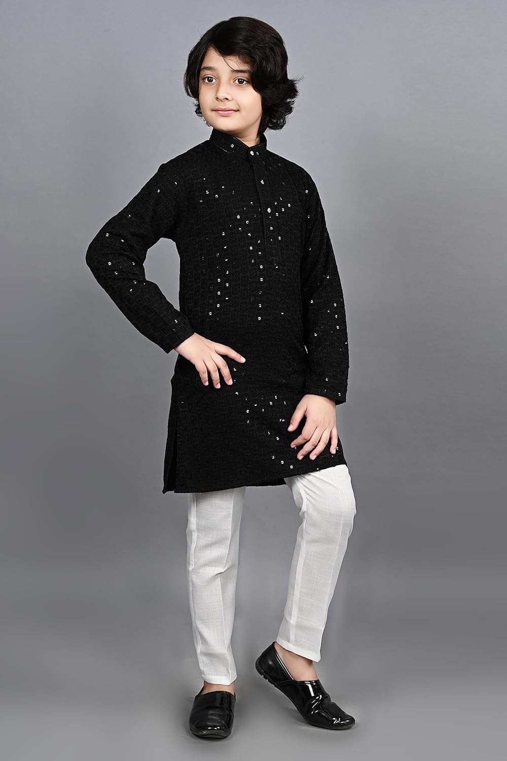AHHAAAA Kids Indian Ethnic Full Sequin Embroidery Stitching Kurta Pajama Set