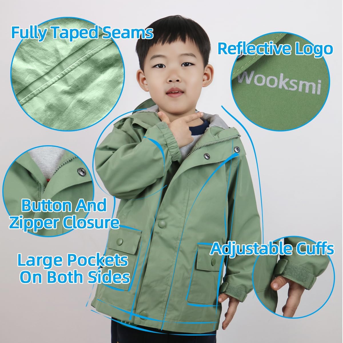 Wooksmi Kids Waterproof Rain Jacket Boys Girls 5000mm polyester Unisex Design Reflective Details