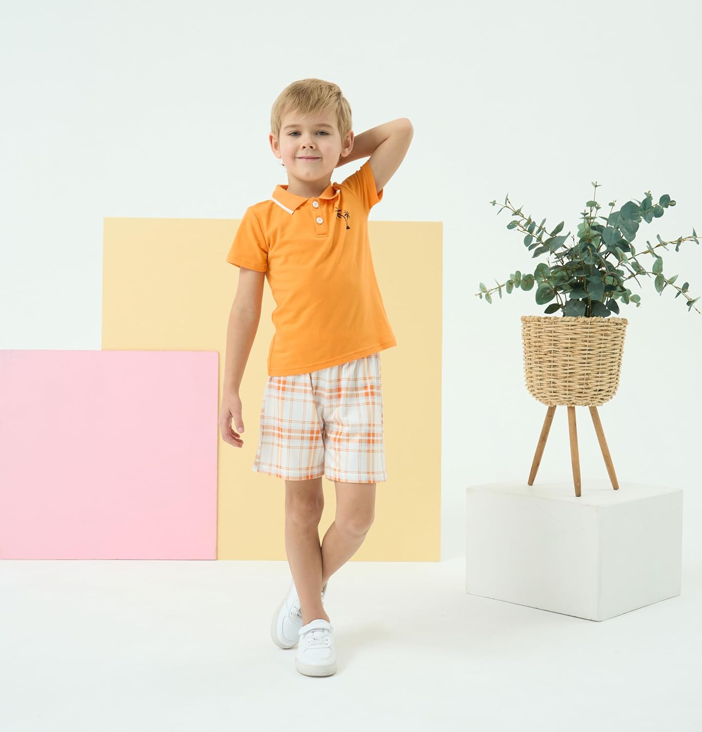 Kids Tween Boy Casual Polo Shirt and Plaid Shorts Set