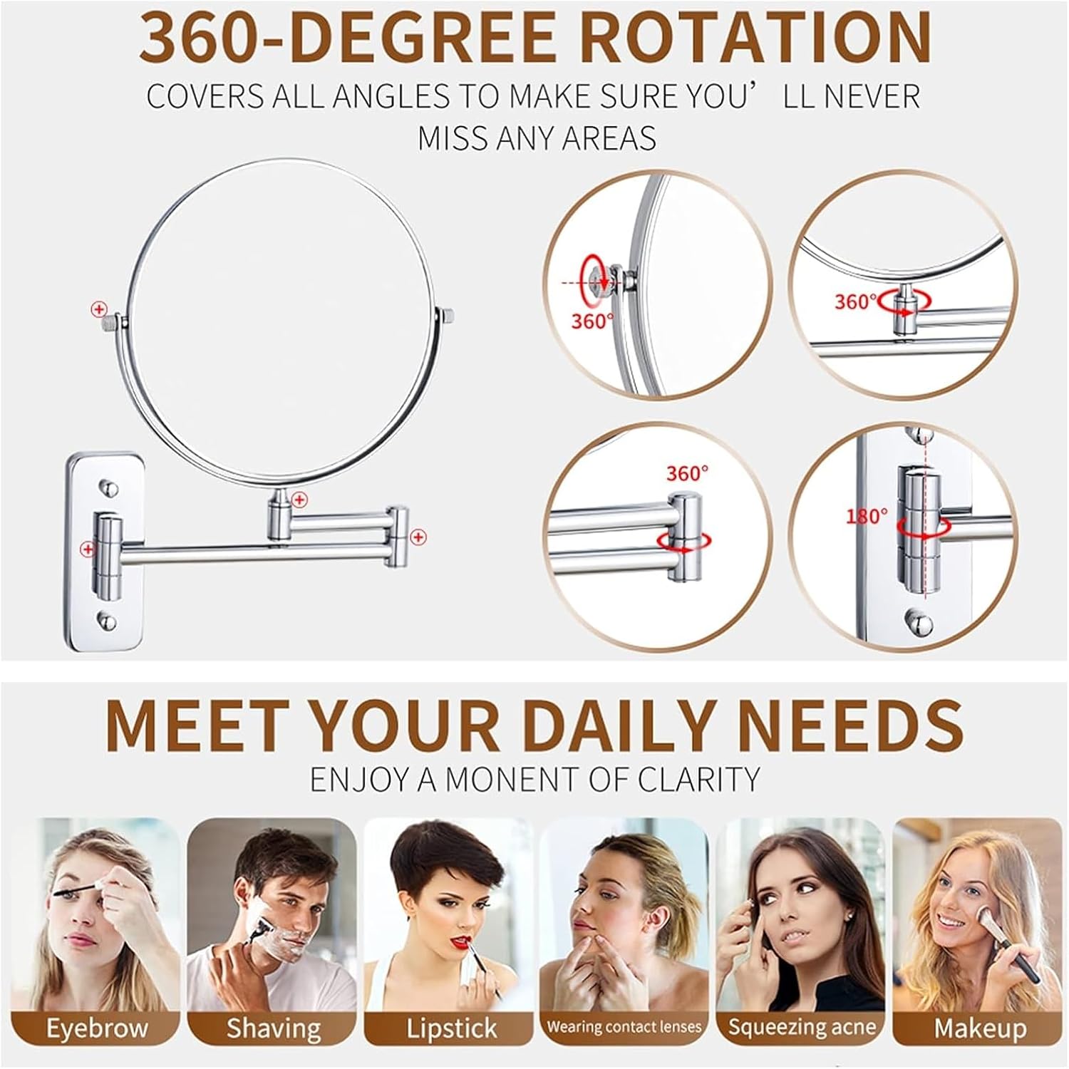 8 Inch Double Sided Lighted Makeup Mirror with Swivel Arm and Magnification