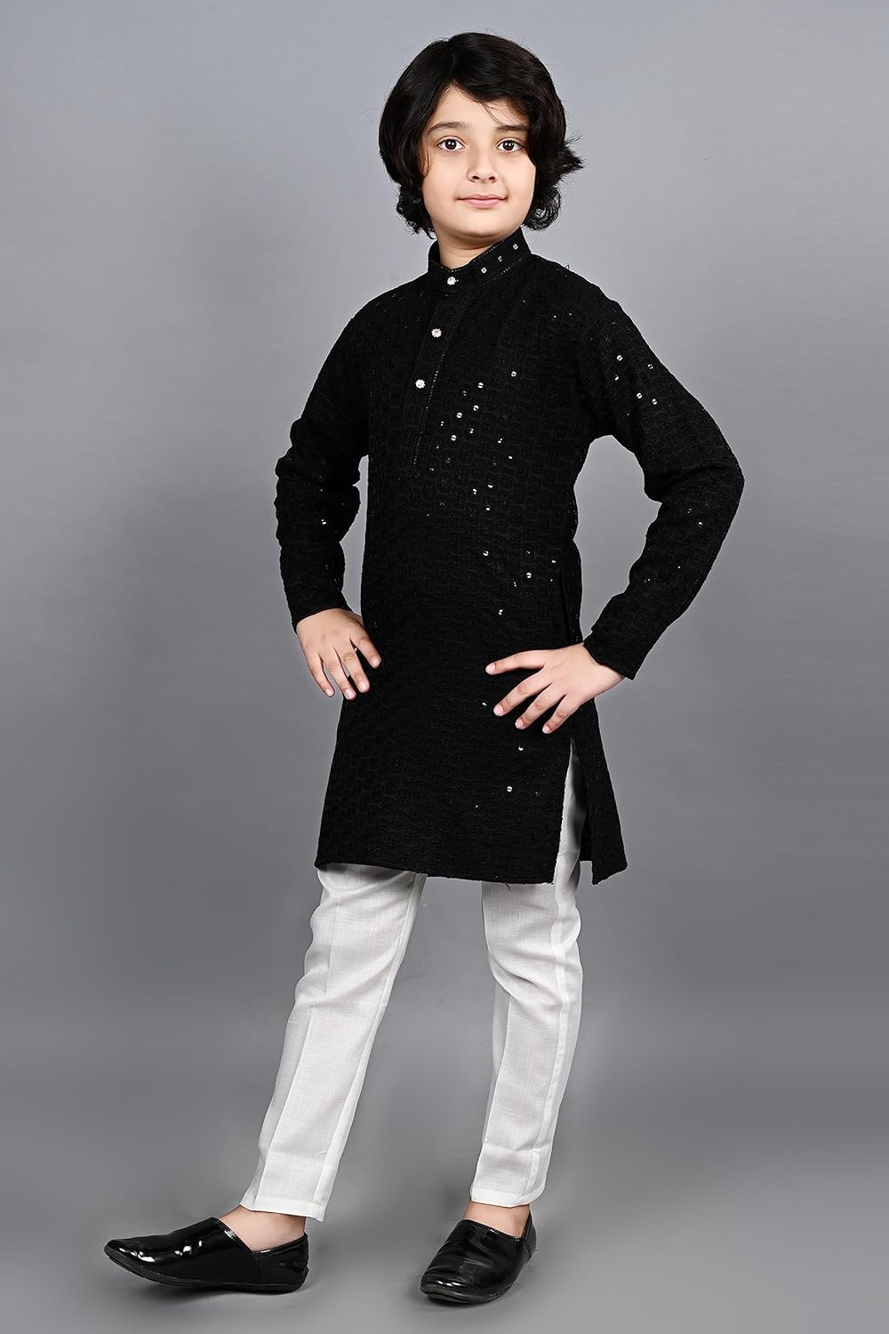 AHHAAAA Kids Indian Ethnic Full Sequin Embroidery Stitching Kurta Pajama Set