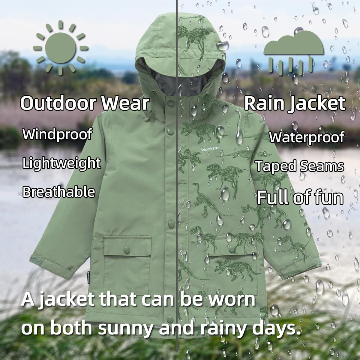 Wooksmi Kids Waterproof Rain Jacket Boys Girls 5000mm polyester Unisex Design Reflective Details