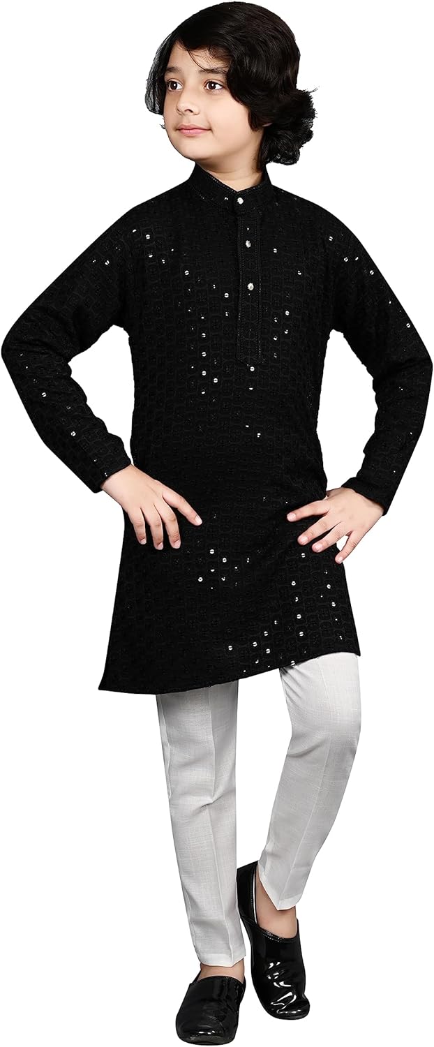 AHHAAAA Kids Indian Ethnic Full Sequin Embroidery Stitching Kurta Pajama Set