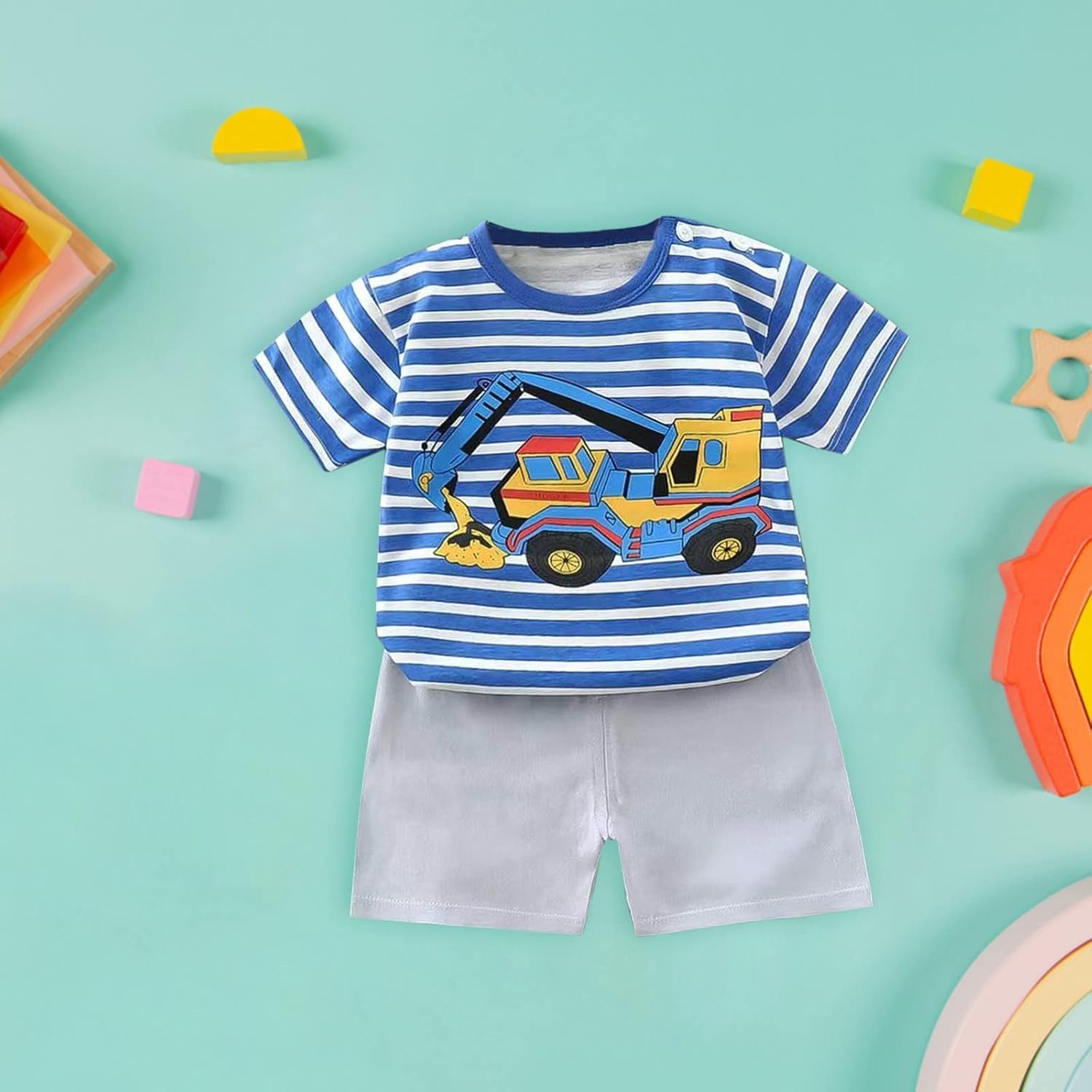 Striped Cartoon Car Boy T-Shirt Shorts Outfit 2025