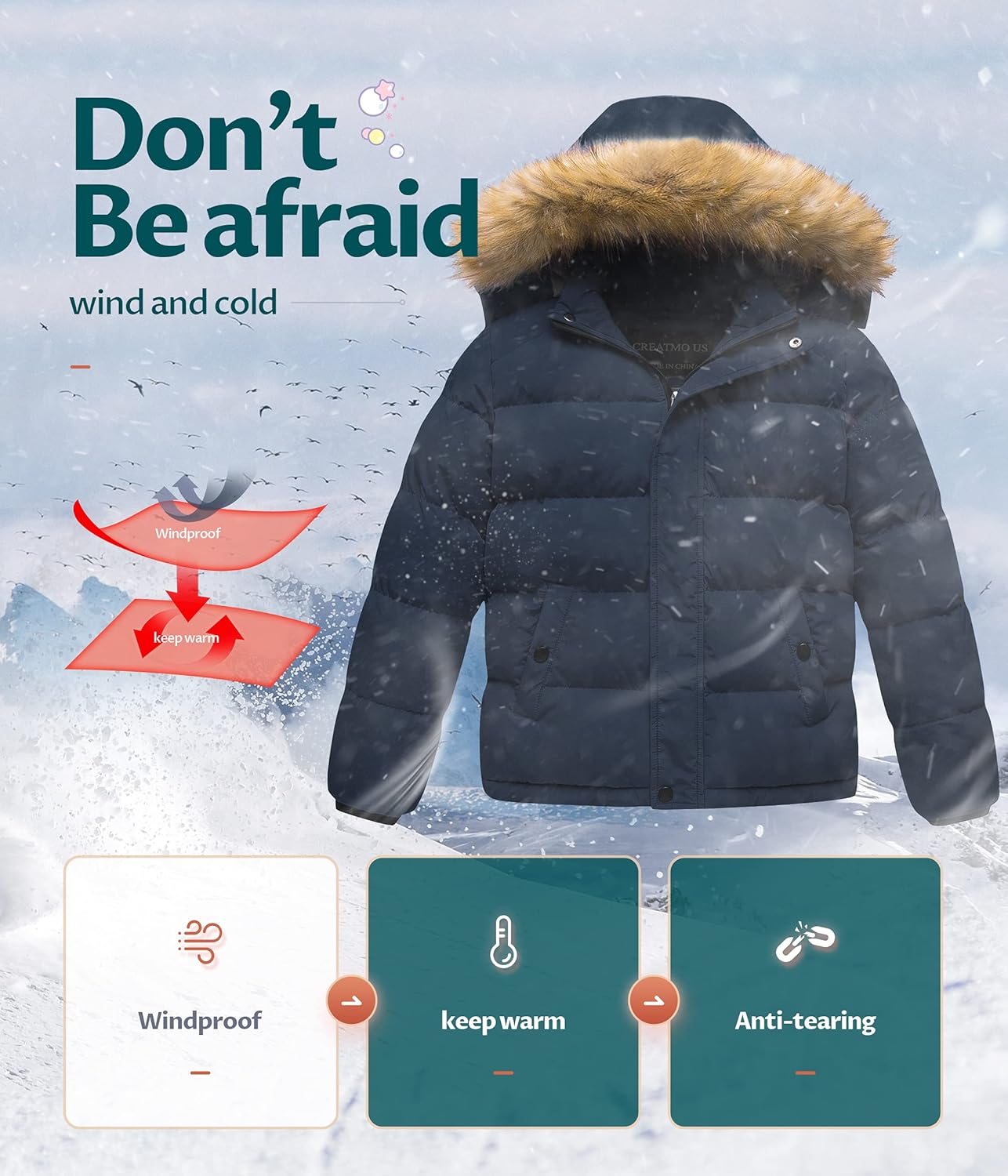 CREATMO US Boys Water Resistant Winter Coats Windbreaker Ski Jacket