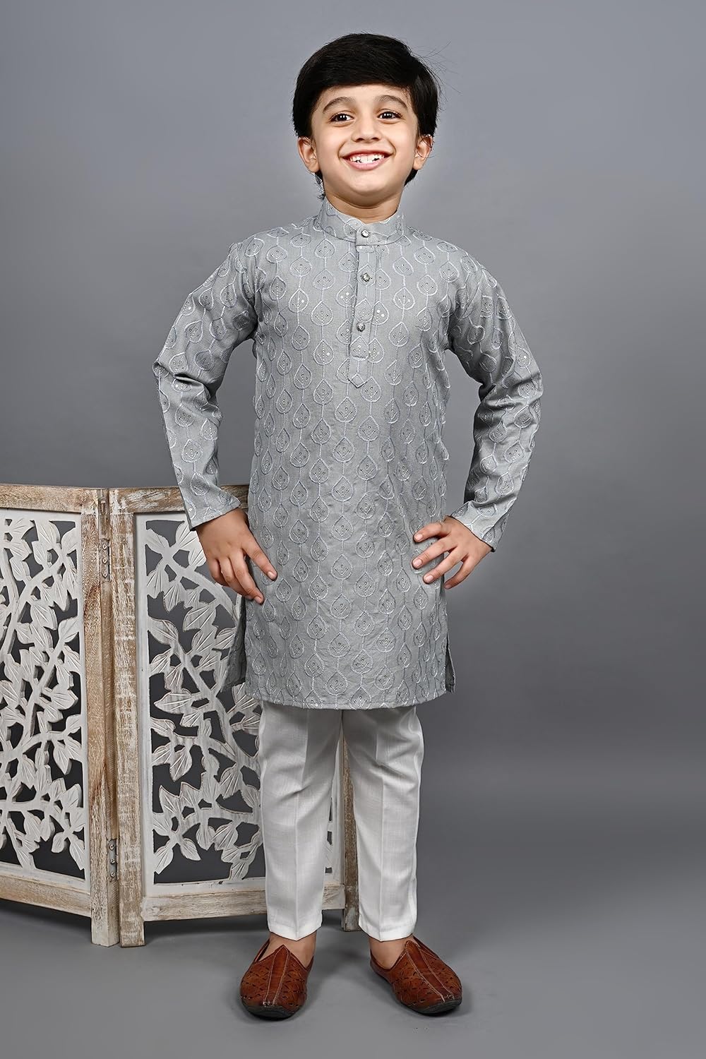 AHHAAAA Kids Ethnic Sequential Print Embroidery Kurta Pajama Set for Boys