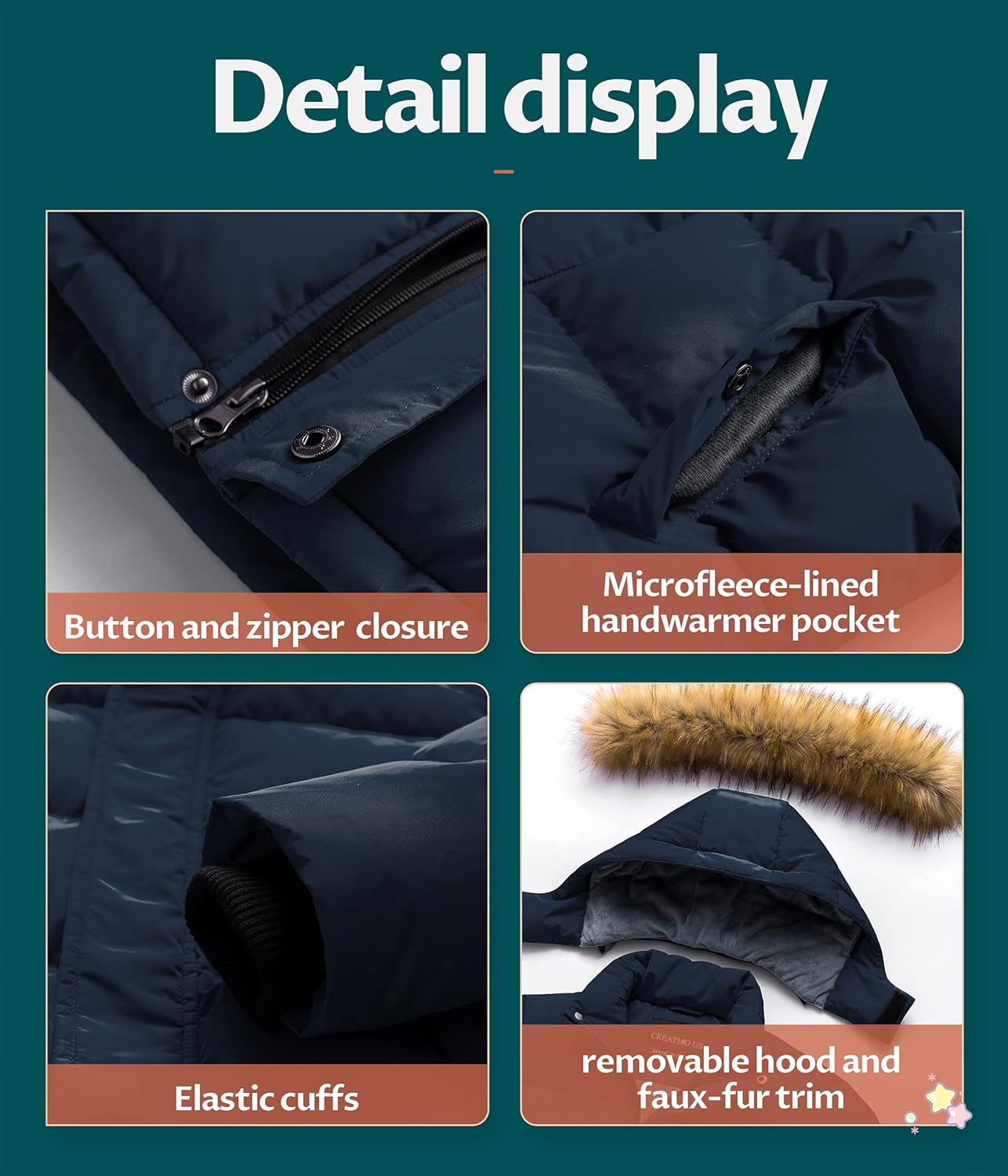 CREATMO US Boys Water Resistant Winter Coats Windbreaker Ski Jacket