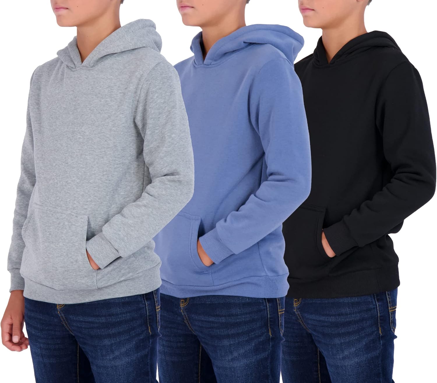 Real Essentials 3-Pack Youth Fleece Long Sleeve Soft Pullover Hoodie - Boys Girls