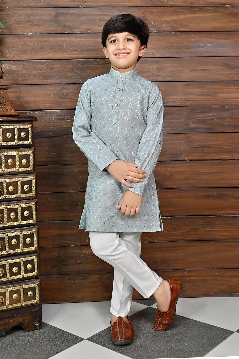 AHHAAAA Kids Ethnic Sequential Print Embroidery Kurta Pajama Set for Boys