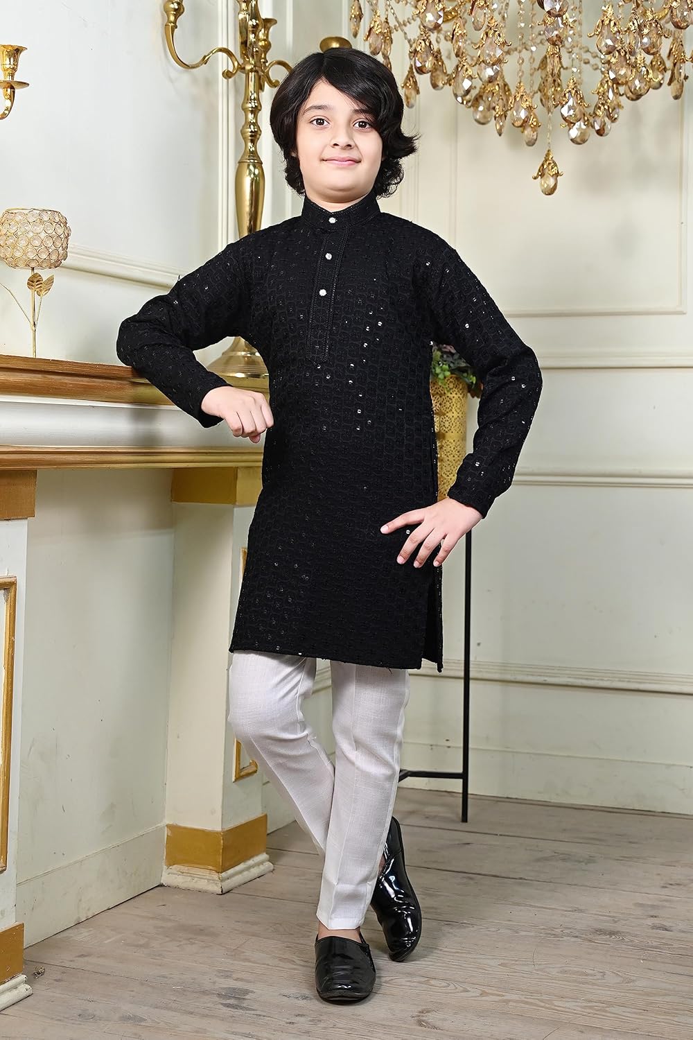 AHHAAAA Kids Indian Ethnic Full Sequin Embroidery Stitching Kurta Pajama Set