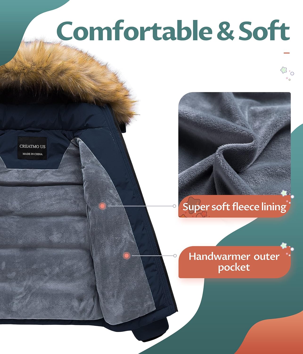 CREATMO US Boys Water Resistant Winter Coats Windbreaker Ski Jacket