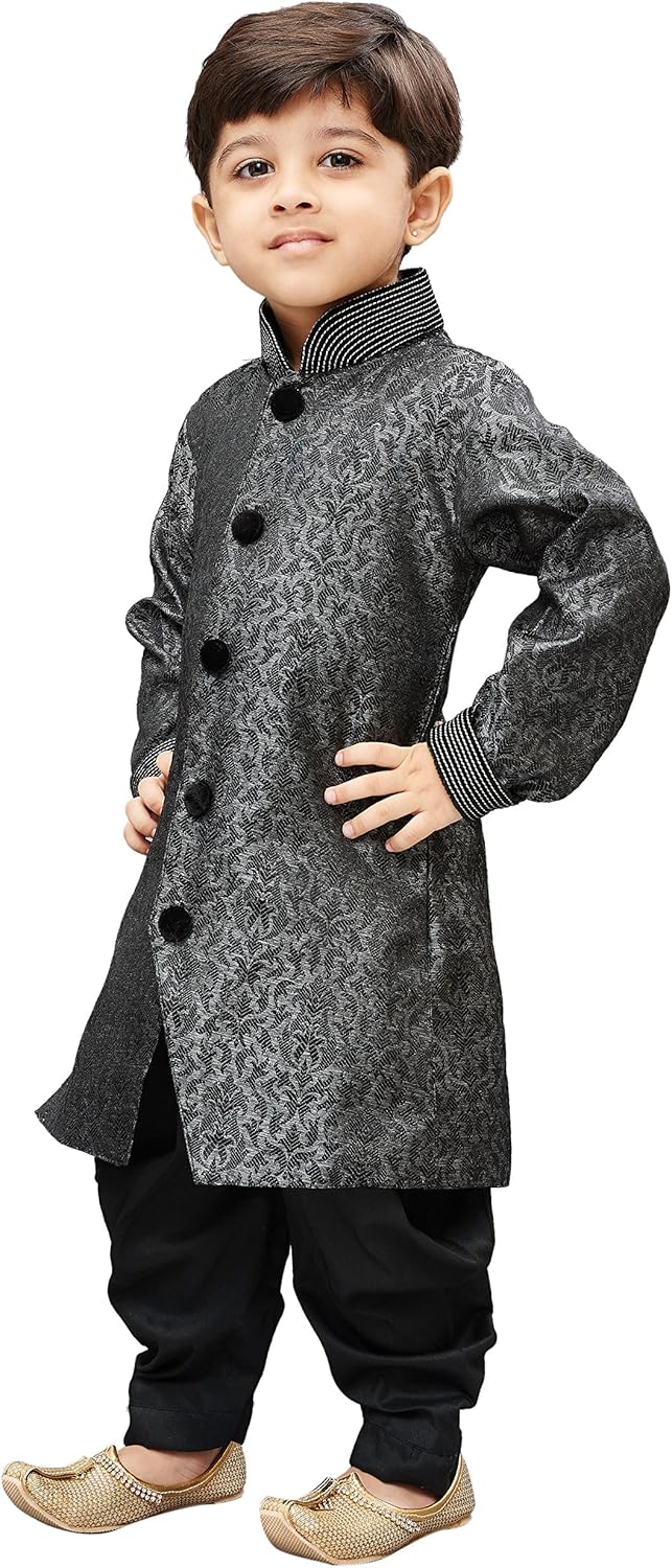 VASTRAMAY Boys Grey Silk Blend Sherwani Kurta Set