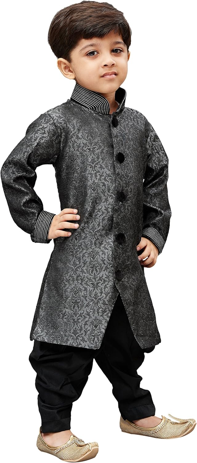 VASTRAMAY Boys Grey Silk Blend Sherwani Kurta Set