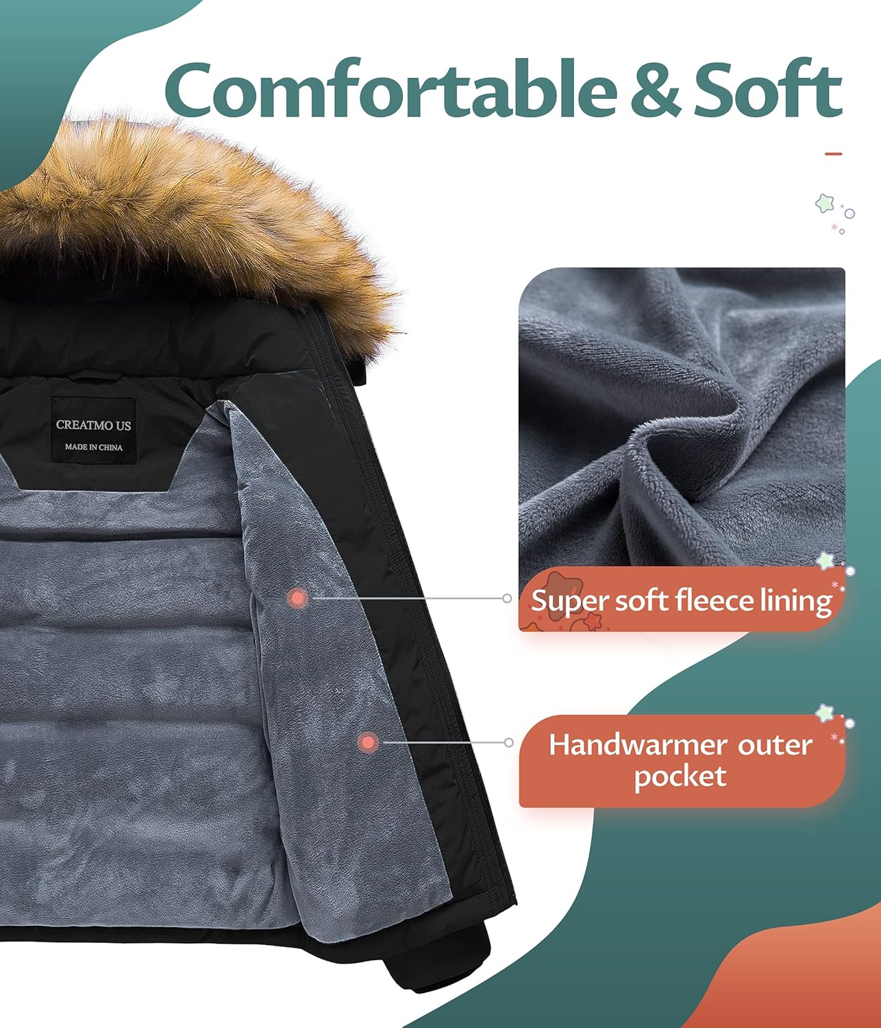 CREATMO US Boys Water Resistant Winter Coat Windbreaker Ski Jacket