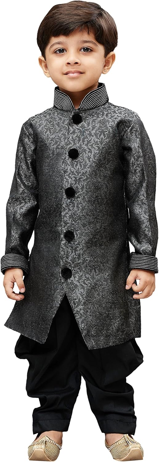 VASTRAMAY Boys Grey Silk Blend Sherwani Kurta Set
