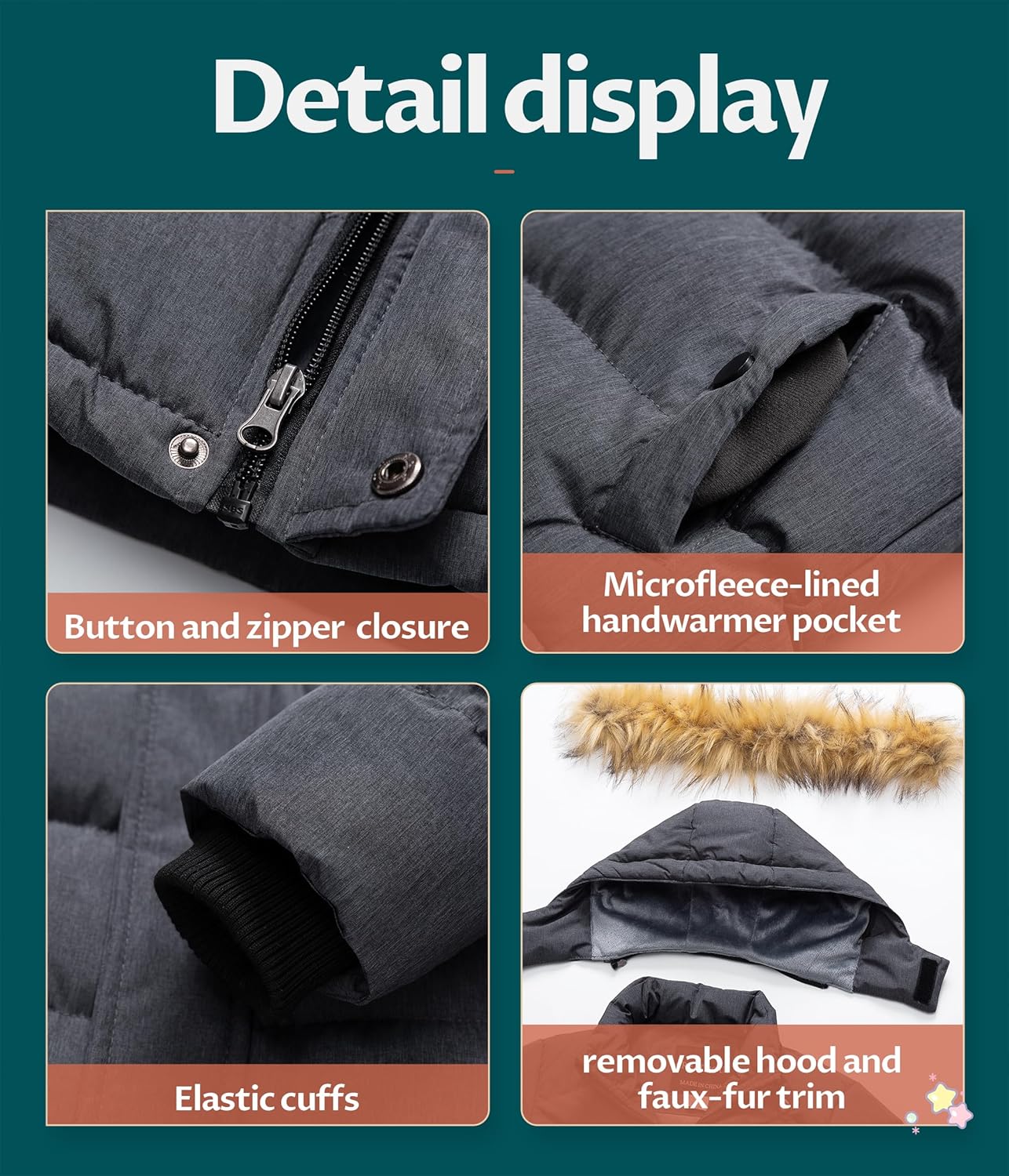 CreateMO US Boys Winter Coats jacket - Durable Wind Water Resistant