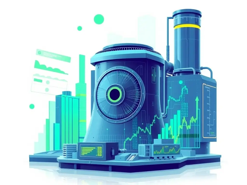 A stylized image of a nuclear fission reactor with elements of financial charts and graphs, representing value creation.