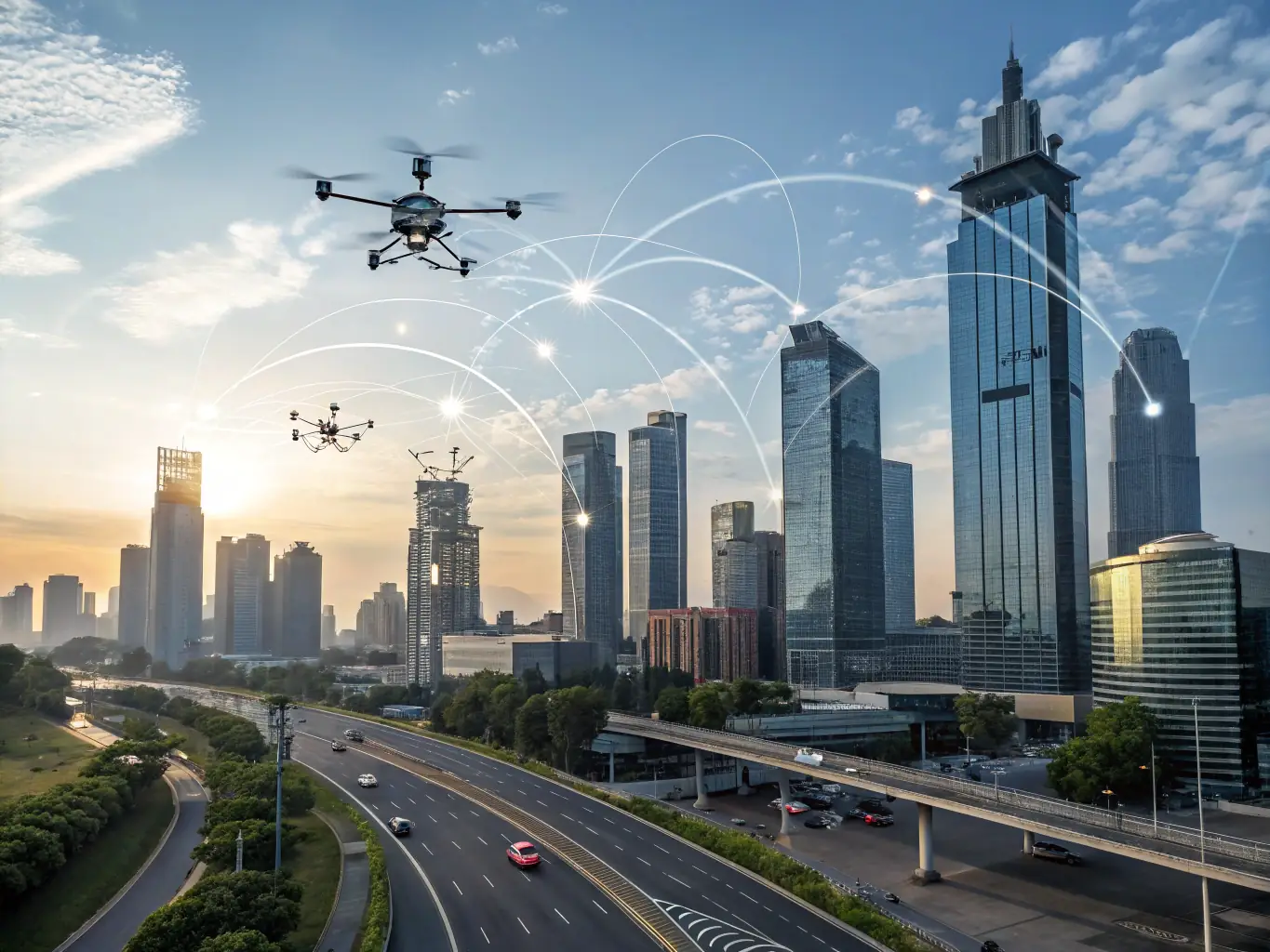 A futuristic cityscape with interconnected neural networks overlaid, representing cognitive security architecture.
